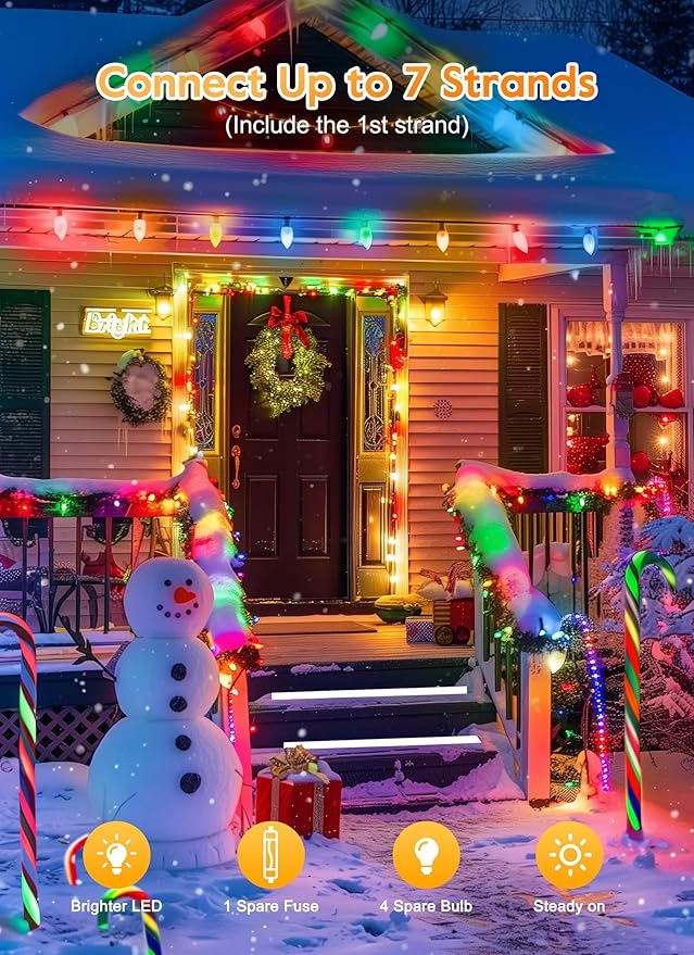 Brightown Vintage C9 LED Christmas Lights Outdoor, 200 Feet String with 100 Shatterproof Bulbs, Waterproof Connectable Tree Lights for Outside Roofline Patio Xmas Decorations, Multicolor