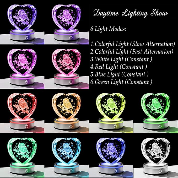Qianwei Owl Gifts for Women 3D Crystal Heart - Laser Owl Decor Glass Animals Bird Gifts Figurines Statue Stuff for Room Decorations Bird Night Light