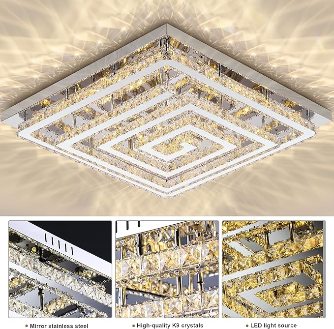 43 inch Crystal Chandelier with Remote/APP Control, 3 Color Temperature Light Fixture & Brightness Adjustable, Modern Flush Mount LED Ceiling Light Fixture for Living Room Kitchen Hallway Dining Room
