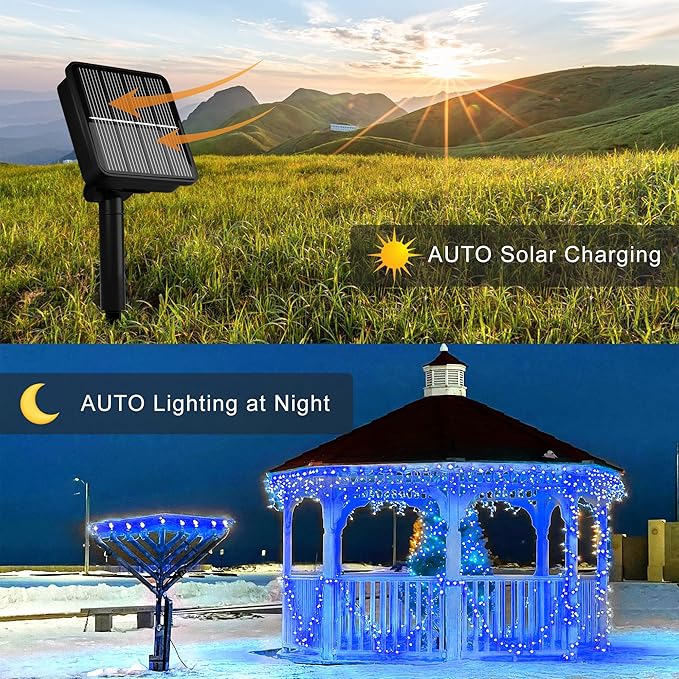 Flechllary Solar String Lights for Outside, 39Ft 100 LED Solar String Lights Outdoor with 8 Modes，Solar Lights for Outside Waterproof for Yard, Fence,Balcony, Party,Christmas Tree Decorations (Blue)