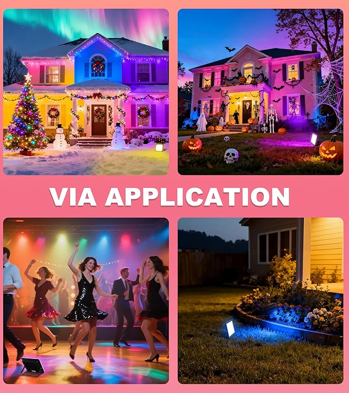 100W LED Flood Light with Remote & 6.6Ft Cable, Christmas Floodlight RGB IP66 Waterproof Color Changing, 5000K White Daylight, Timing Waterproof Landscape Light, Outdoor Uplight for Event, 4 Pack