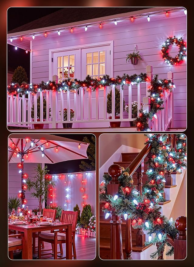 C9 Outdoor Christmas Lights, 72 FT 110 LED C9 String Lights, 8 Modes & Timer Extendable Waterproof for Christmas Tree Indoor Outdoor Roofline Patio Outside Garden Backyard Xmas Decor, Red White 2 Pack