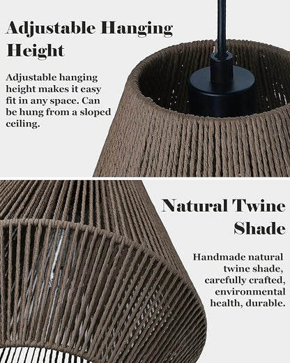 ELYONA 12” Woven Pendant Light for Kitchen Island Farmhouse Boho Hanging Lamp with Handwoven Rattan Basket Shade Adjustable Pendant Light Fixtures for Dining Room Bar Bedroom Foyer Hallway Dark Brown