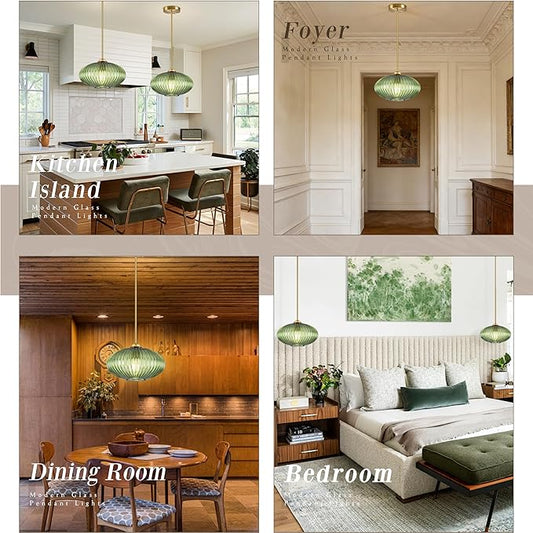 10" Green Glass Modern Pendant Light Kitchen Island 2 Pack Brushed Gold Mid Century Modern Pendant Lighting with Clear Green Glass Hanging Pendant Light for Dining Room（Bulb Incl.）