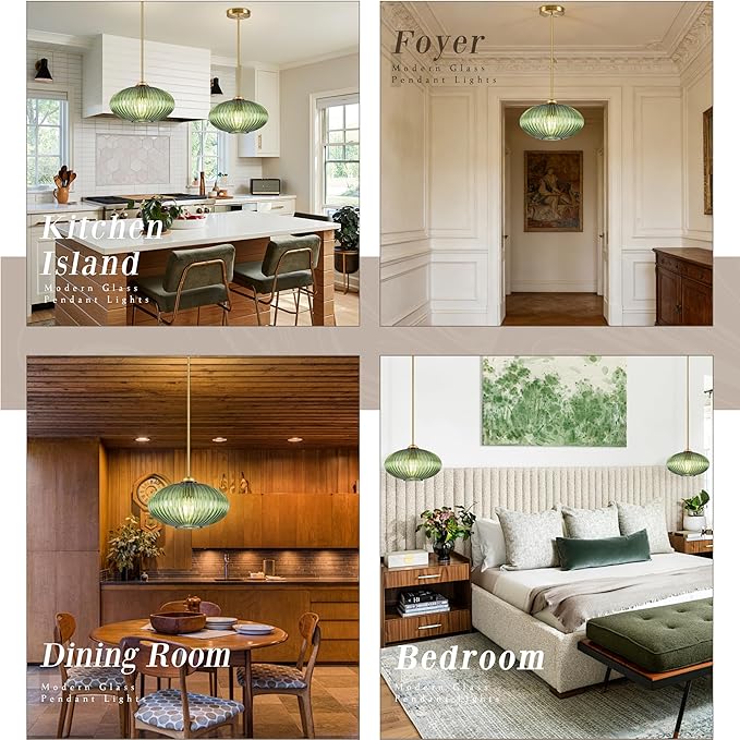 10" Green Glass Modern Pendant Light Kitchen Island Brushed Gold Mid Century Modern Pendant Lighting with Clear Green Glass Hanging Pendant Light for Dining Room（Bulb Incl.）
