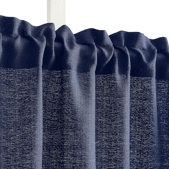 Melodieux Navy Semi Sheer Curtain Valance for Kitchen Cafe Small Windows Linen Look Rod Pocket, 52 by 18 Inch, 1 Panel