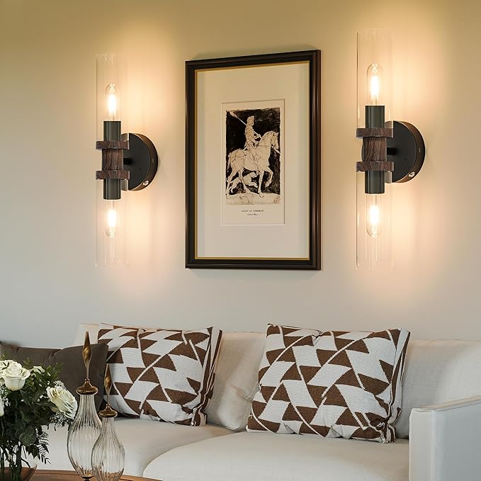10000mAh Battery Operated Wall Sconce Set of 2, Black & Walnut Rechargeable Wall Sconces, Modern Cordless Wall Lights with Remote Control, Dimmable for Living Room, Bedroom, Hallway, Entryway 3000K