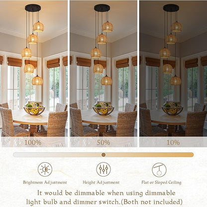 5-Light Woven Foyer Chandeliers for High Ceiling,5 Dome Boho Rattan Pendant Light Farmhouse Wicker Ceiling Light,rustic Hemp rope Light Fixture For Living Room Hallway Staircase Entryway(Bulb Incl.