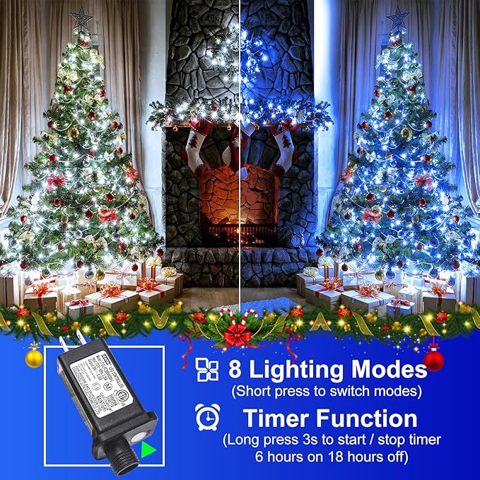 2 Pack Christmas Lights Outdoor, Total 200FT 600 LED String Lights for Outside Waterproof with 8 Modes, Green Wire Twinkle Tree Lights for Indoor Patio Xmas Decorations, 1 Pack Blue & 1 Pack White