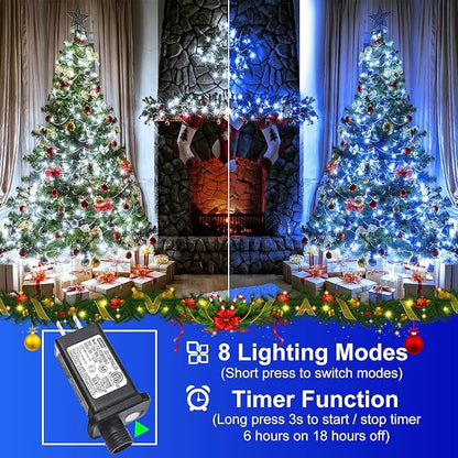 2 Pack Christmas Lights Outdoor, Total 200FT 600 LED String Lights for Outside Waterproof with 8 Modes, Green Wire Twinkle Tree Lights for Indoor Patio Xmas Decorations, 1 Pack Blue & 1 Pack White