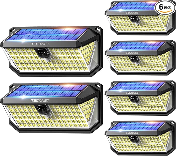 TECKNET 416 LED Solar Lights Outdoor, 300° Angle & 3 Lighting Modes Motion Sensor Light Outdoor, Security Solar Lights Waterproof [6 Pack-Cool White]