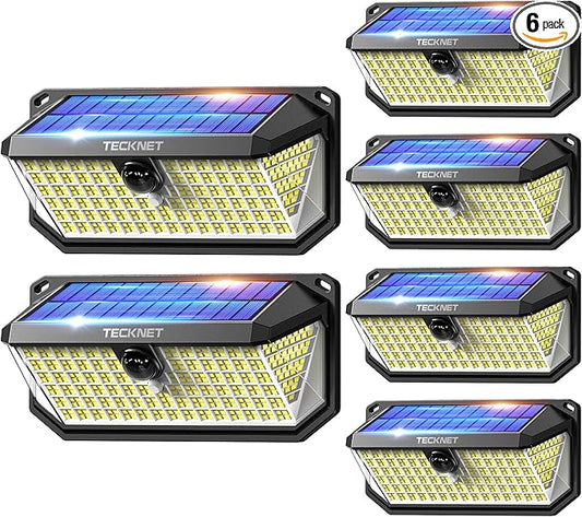TECKNET 416 LED Solar Lights Outdoor, 300° Angle & 3 Lighting Modes Motion Sensor Light Outdoor, Security Solar Lights Waterproof [6 Pack-Cool White]