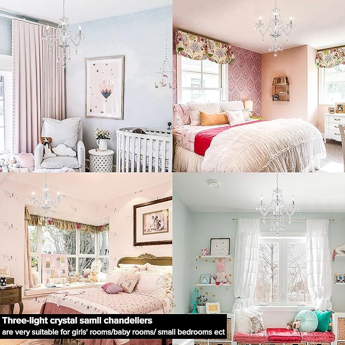 Plug-in 3 Light Crystal Hanging Pendant Lights Acrylic Chandelier with Clear Cord & On/Off Switch H19 D19 for Kitchen Island Girls' Room Dining Area Laundry Pavilion.