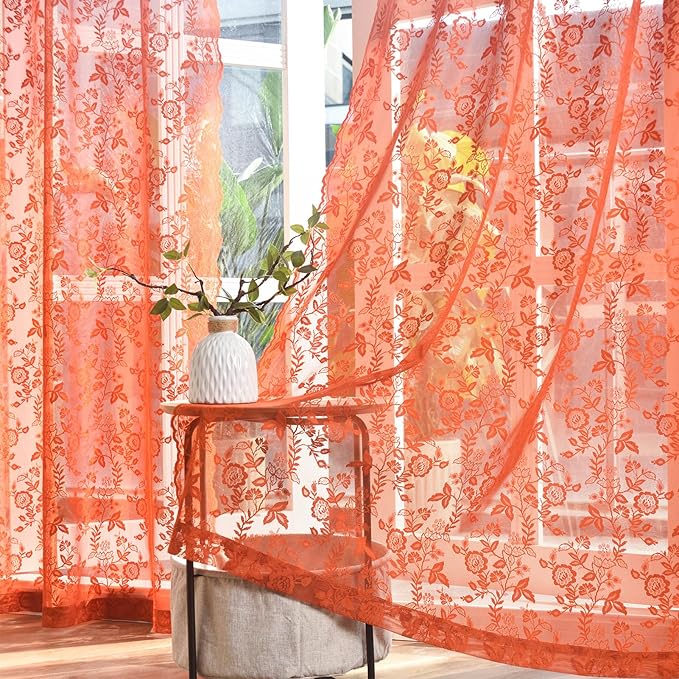 Burnt Orange Sheer Curtains 63 Inch Length for Bedroom 2 Panels Rustic Leaf Floral Scalloped Edge Vintage Rust Sheer Lace Curtains, Rod Pocket Privacy Window Lacy Curtain Drapes, 42 x 63 Inch