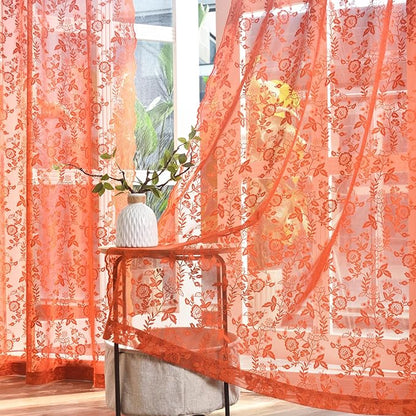 Burnt Orange Sheer Curtains 63 Inch Length for Bedroom 2 Panels Rustic Leaf Floral Scalloped Edge Vintage Rust Sheer Lace Curtains, Rod Pocket Privacy Window Lacy Curtain Drapes, 42 x 63 Inch