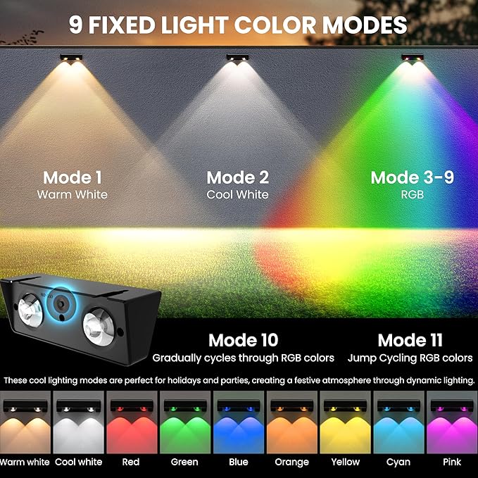 SOLPEX Solar Fence Lights Outdoor, 9 Fixed Colors ＆ Color Changing Fence Solar Lights Outdoor Waterproof IP65, LED Deck Lighting for Halloween Backyard Wall Step Patio Railing Pool Porch (8 Pack)