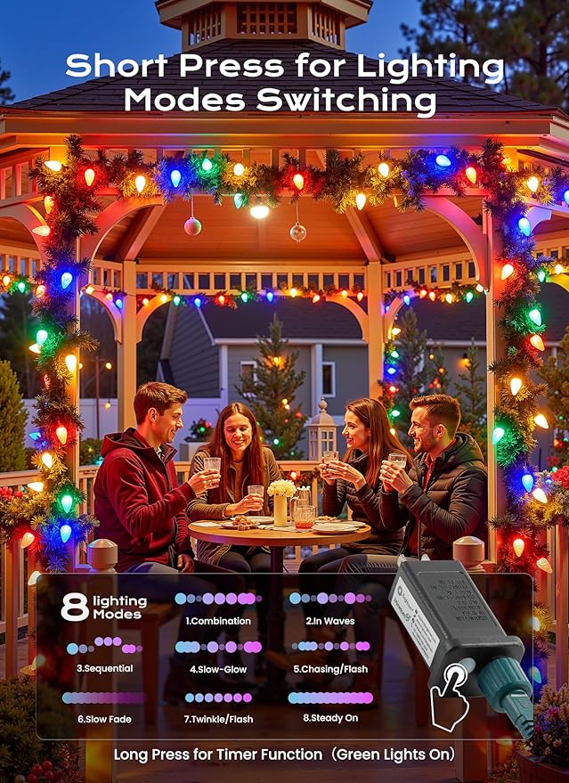 C9 Christmas Lights Outdoor, 82 FT 100 LED Connectable C9 String Lights with 8 Modes and Timer Extendable Xmas Tree Patio Roofline Garden Yard Holiday Party Indoor Outdoor Decoration, Multicolor