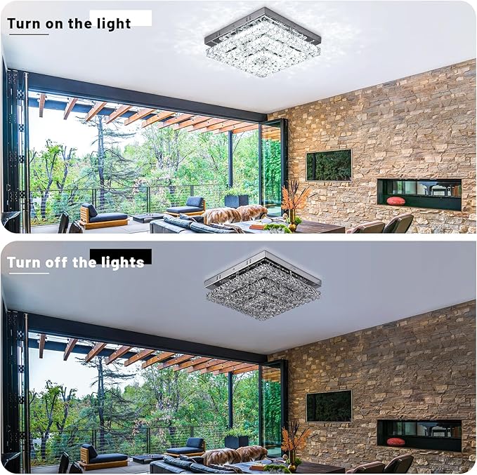 11.8" Crystal Chandelier LED Crystal Flush Mount Ceiling Light Modern Chandeliers Square Ceiling Light for Bedrooms Hallway Kitchen Office (6500K Cool White) Without Remote Control