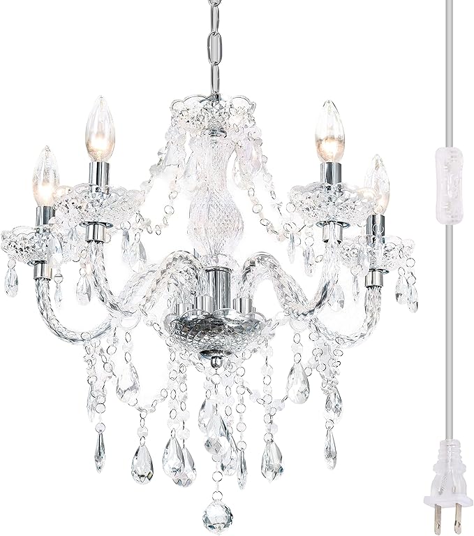 PAPAYA Plug-in 5 Light Crystal Hanging Pendant Lights Acrylic Chandelier with Clear Cord & On/Off Switch H19 D19.7 for Kitchen Island Girls' Room Dining Area Laundry Pavilion.