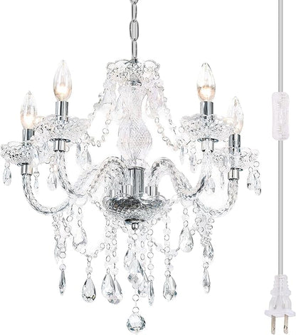 PAPAYA Plug-in 5 Light Crystal Hanging Pendant Lights Acrylic Chandelier with Clear Cord & On/Off Switch H19 D19.7 for Kitchen Island Girls' Room Dining Area Laundry Pavilion.