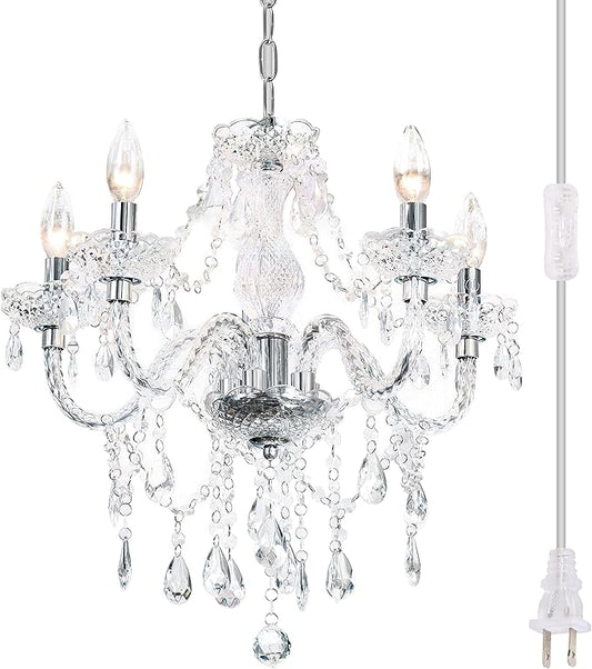 PAPAYA Plug-in 5 Light Crystal Hanging Pendant Lights Acrylic Chandelier with Clear Cord & On/Off Switch H19 D19.7 for Kitchen Island Girls' Room Dining Area Laundry Pavilion.