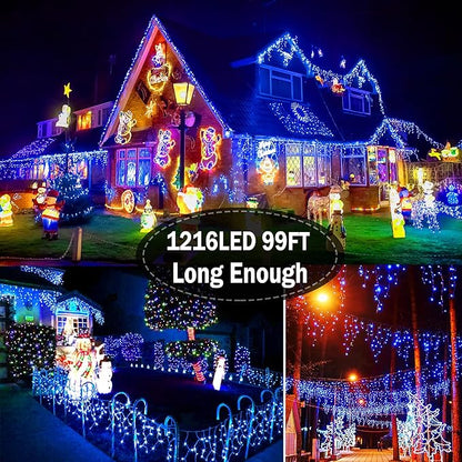 Christmas Lights Outdoor Decorations 1216 LED 99ft 8 Modes Curtain Fairy String Light with 228 Drops, Clear Wire LED String Light Indoor Decor for Wedding Party Holiday Christmas Decoration Blue