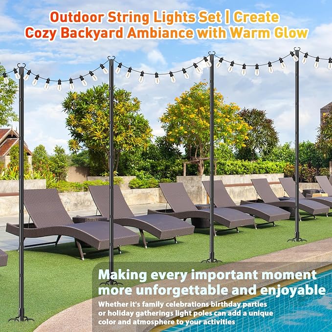 10Ft String Light Poles 4 Pack,Poles for Outdoor String Lights with Fork and Fence Clamp,Hanging Lights Metal Stand Post for Deck Patio Backyard Garden Decorations