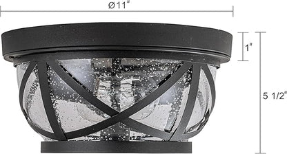 Motion Sensor Ceiling Light Fixture Outdoor Flush Mount Manual Dusk to Dawn Matte Black Waterproof Indoor Ceiling Light Fixture with Seeded Glass for Front Porch Garage Entrance
