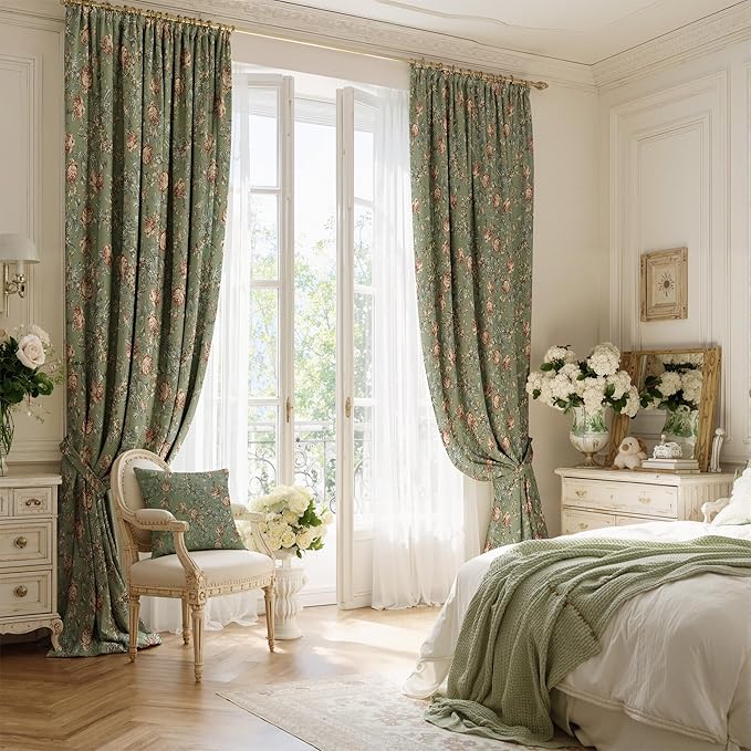 StangH Sage Green Velvet Curtains 84 inches Long, Floral Patterned Vintage Home Decor Thermal Insulated Privacy Window Treatments for Living Dining Room, W52 x L84, 2 Panels