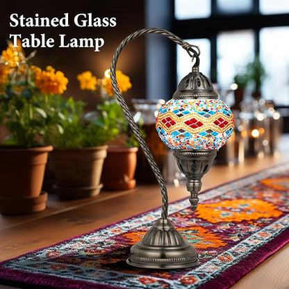 Marrakech Stained Glass Lamp Turkish Table Lamp with Tiffany Style, Handmade Moroccan Mosaic Lamps Vintage with Swan Neck Bronze Base Including LED Bulb for Living Room Bedroom Decor (Colorful3)