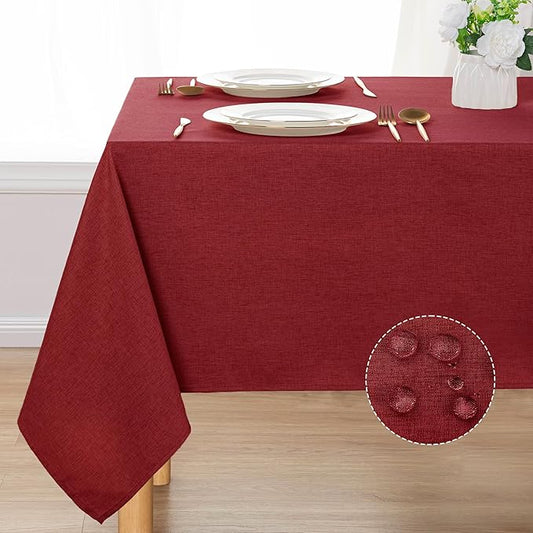 DWCN Table Cloth Rectangle - Faux Linen Fabric Waterproof Spill-Proof Wrinkle and Stain Resistant Tablecloths Decorative Farmhouse Table Cover for Kitchen Dining Party, 52 x 70 Inch, Red