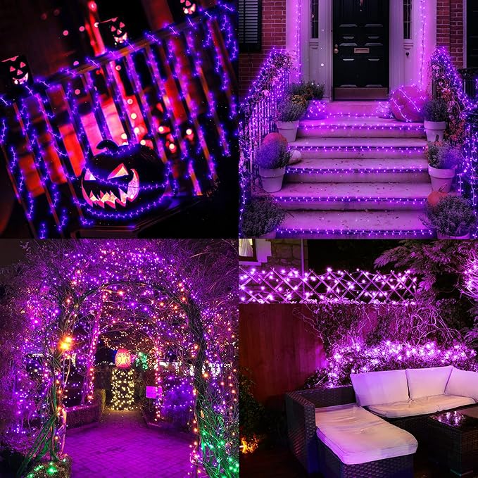 New Upgraded Purple Solar String Lights Outdoor 2 Pack Total 144FT 400LED Solar & USB Rechargeable 19 Mode Solar Halloween Lights for Outside Yard Patio Garden Party Xmas Halloween Decorations, Purple