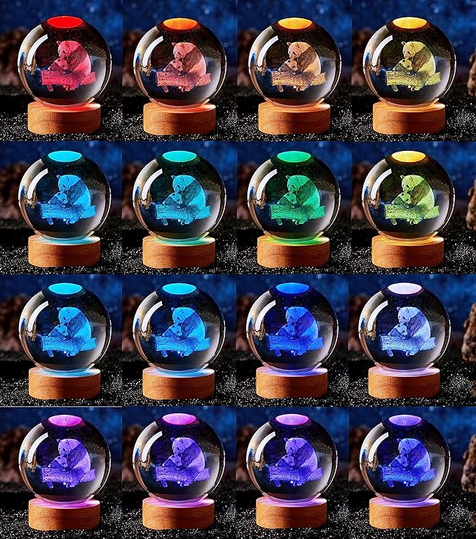 Crystal Ball Panda Family Night Light, 3.15 Inch K9 Crystal Glass Ball, 16 Color Change with Remote Control, Wooden Base Table Lamp, Birthday &