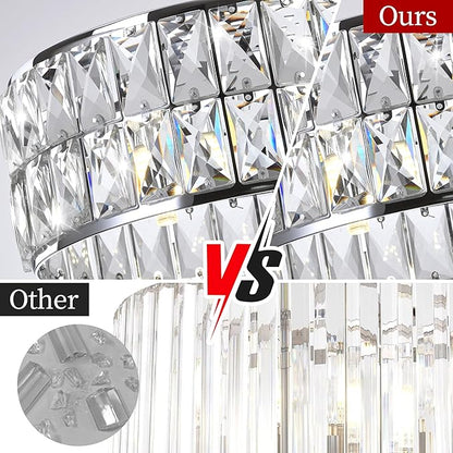 Modern Small Crystal Chandelier, 4-Light Round Pendant with Chrome Finish, Semi-Flush Mount Ceiling Light, 12" Diameter, Chrome Chandelier for Dining Areas, Kitchens & Hallways