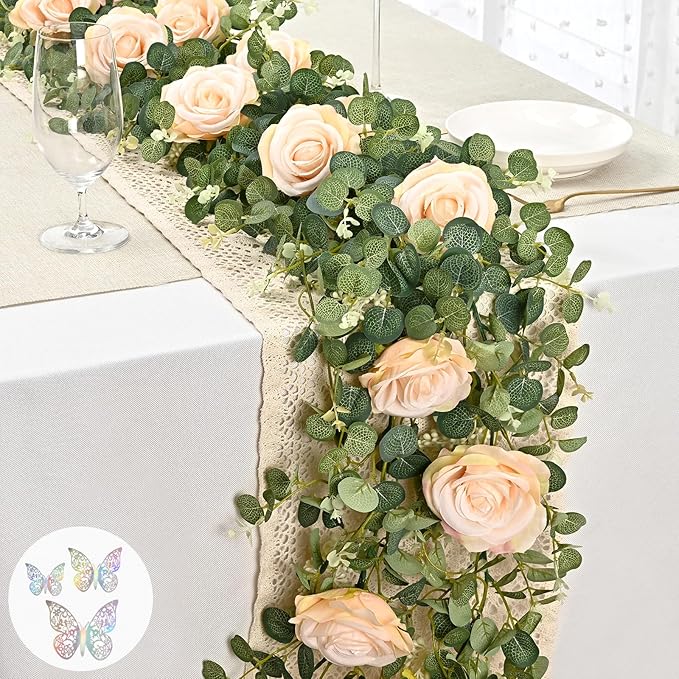 Yastouay 6.4 Ft Fuller Flower Garland with 3D Butterfly, Artificial Eucalyptus Garland with Champagne Flowers Fake Rose Vine for Table Centerpiece Wedding Baby Shower Party Room Backdrop Decor