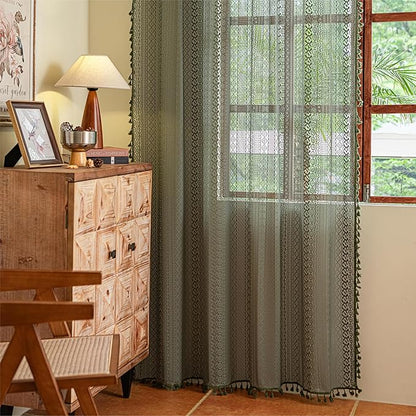 Sutuo Home Olive Green Boho Curtains 102 inches Long, Crochet Lace Sheer Bohemian Hollow Knitted Cute Tassels, Vintage Farmhouse for Bedroom Living Room Xmas Christmas Decor, 1 Panel 59" W x 102" L