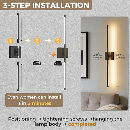 DORESshop Battery Operated Wall Sconces Set of 2, Dimmable Battery Wall Sconce with Remote Control, Black 350°Rotate Rechargeable Sconces, 29 Inch Wireless Wall Lights for Bedroom, Living Room