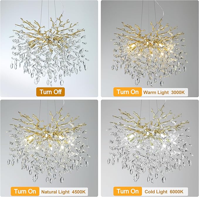 Modern Crystal Tree Branches Chandelier, 23.5in Gold 8 Lights Large Ceiling Hanging Light for Dining Room, Round Raindrop Pendant Light Fixture