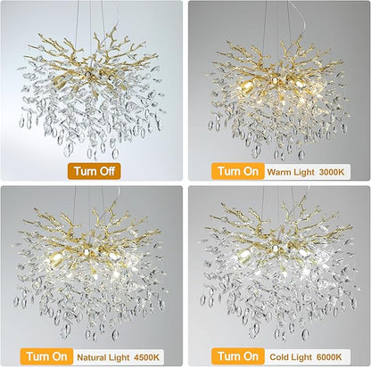 Modern Crystal Tree Branches Chandelier, 30in Gold 10 Lights Large Ceiling Hanging Light for Dining Room, Round Raindrop Pendant Light Fixture
