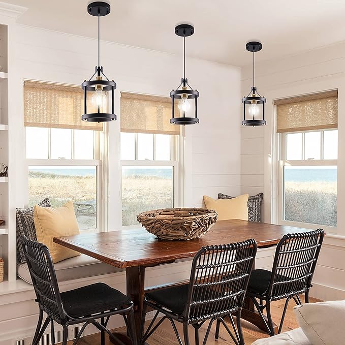 MO&OK Chandelier Set of 3 Vintage Pendant Light Fixture, Black Farmhouse Wooden Metal Chandeliers, Open Frame Hanging Lighting for Diningroom,Bar,Entrance Hall,Kitchen Island Living Room