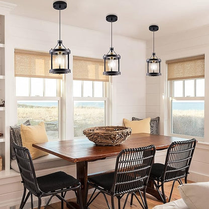 MO&OK Chandelier Set of 3 Vintage Pendant Light Fixture, Black Farmhouse Wooden Metal Chandeliers, Open Frame Hanging Lighting for Diningroom,Bar,Entrance Hall,Kitchen Island Living Room