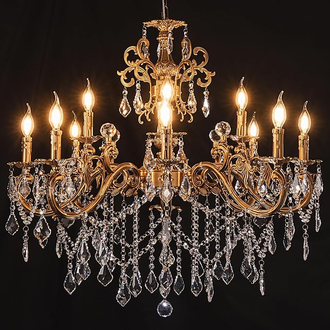 Wellmet Crystal Chandeliers Vintage Antique Bronze Chandelier 12 Lights Candle Pendant Ceiling Light Fixture for Dining Room Living Room Kitchen Bedroom Hallway Entryway Dia 35.9"