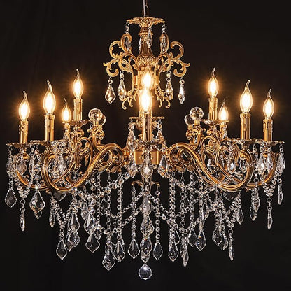 Wellmet Crystal Chandeliers Vintage Antique Bronze Chandelier 12 Lights Candle Pendant Ceiling Light Fixture for Dining Room Living Room Kitchen Bedroom Hallway Entryway Dia 35.9"