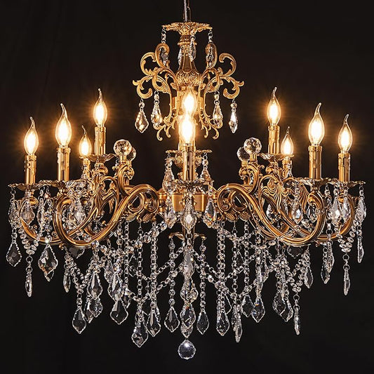 Wellmet Crystal Chandeliers Vintage Antique Bronze Chandelier 12 Lights Candle Pendant Ceiling Light Fixture for Dining Room Living Room Kitchen Bedroom Hallway Entryway Dia 35.9"