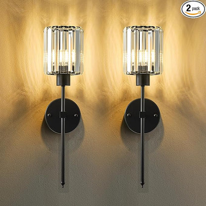 KARTOOSH Hardwired Crystal Wall Sconces Set of Two - Dimmable Wall Light Fixtures 3000K, Warm White, for Hallway, Bathroom, Living Room, Bedroom, Black, 20.1 Inch