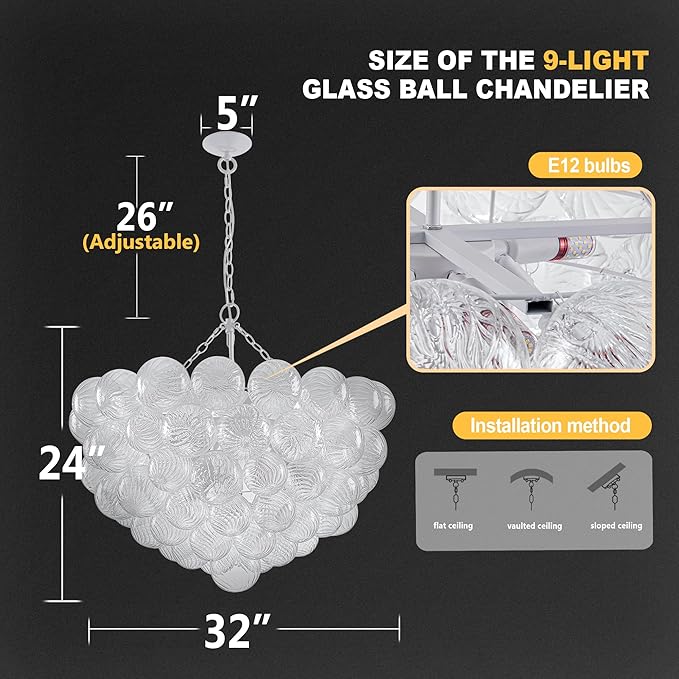 Hand Blown Glass Bubble Ball Chandelier White Finish 32" Pendant Light Fixture Art Deco Cluster Ribbed Glass Swirled Globe Lighting for Bedroom Dining Room Restaurant Bathroom Entry