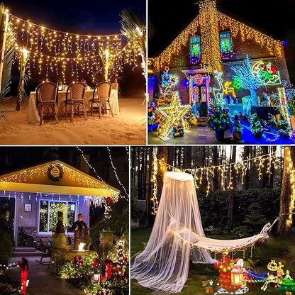 Warm White Christmas Lights Outdoor - 99ft 1216 LED 8 Modes Hanging Dripping Icicle String Lights with 228 Drops, Plug in Waterproof Timer Memory for House Home Holiday Yard Wedding Party Indoor
