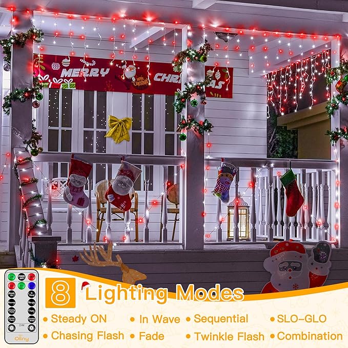 Ollny Icicle Lights for Outside 504LED 41FT, Red and White Christmas Light with Remote 8Modes Timers Waterproof, Plug in Connectable Hanging Lights for Outdoor Indoor House Roof Holiday