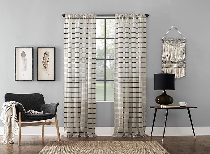 Clean Window Twill Stripe Anti-Dust Allergy/Pet Friendly Anti-Dust Sheer Curtain Panel, 52" x 63, Black/Linen