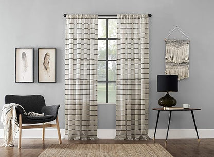 Clean Window Twill Stripe Anti-Dust Allergy/Pet Friendly Anti-Dust Sheer Curtain Panel, 52" x 63, Black/Linen